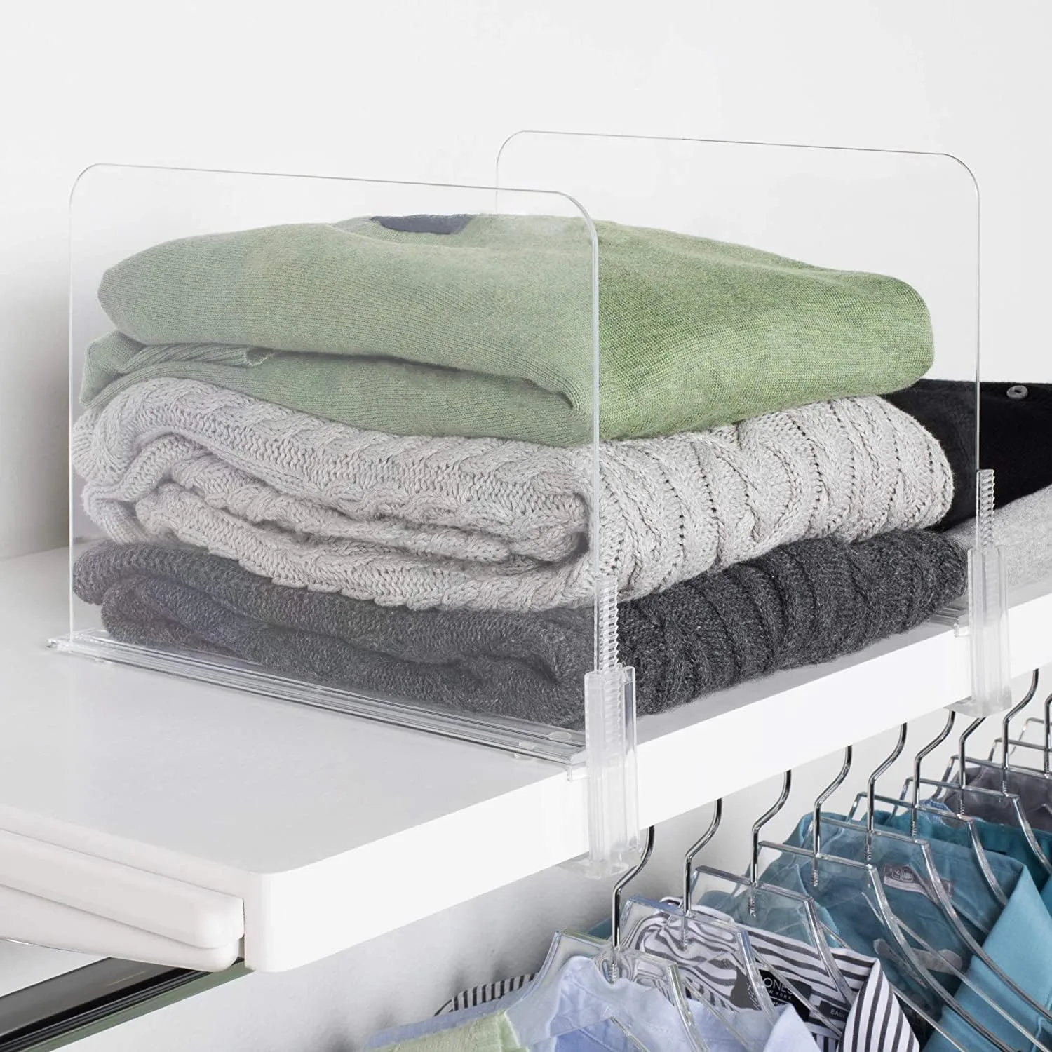 Richards Homewares acrylic shelf dividers with a wide clamp jaw for thick shelves