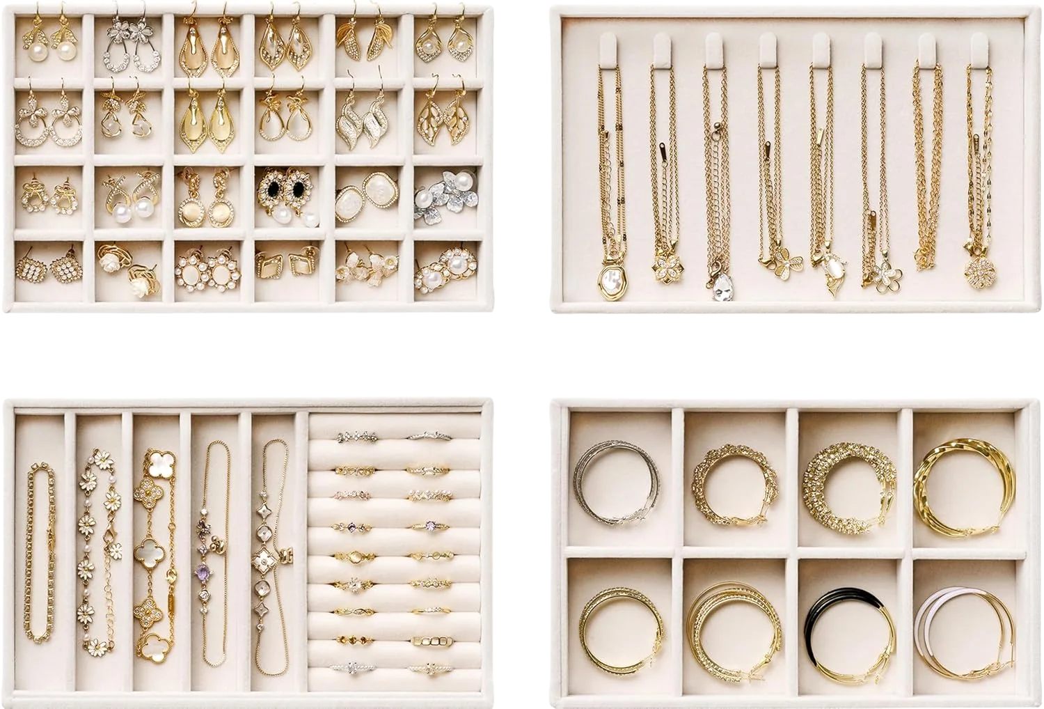 Velvet Jewelry Drawer Organizer Trays, 4-Layer Stackable Set with Removable Dividers