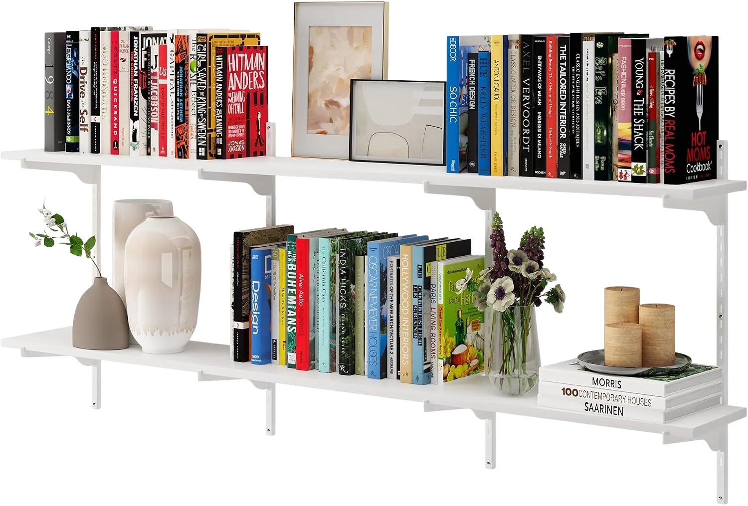 Wallniture Turin 60 inch Long Wall Bookshelf Adjustable Rail Bracket System