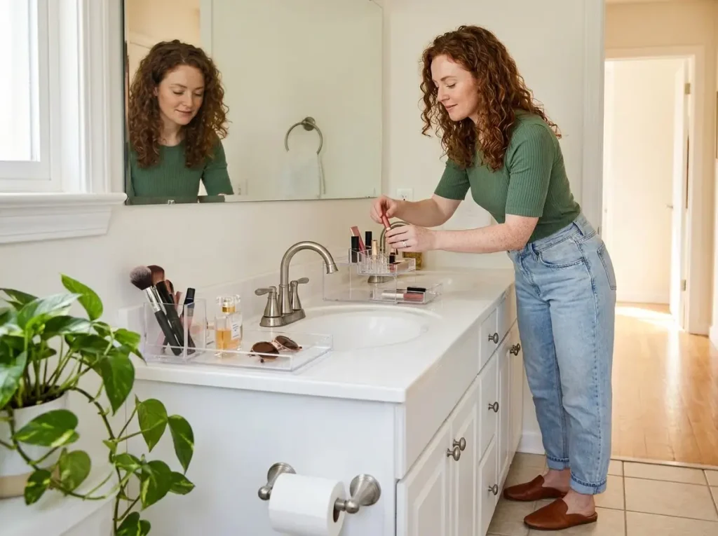 Woman arranging makeup in a clear acrylic riser on a bathroom vanity, the low-traffic spot acrylic earns