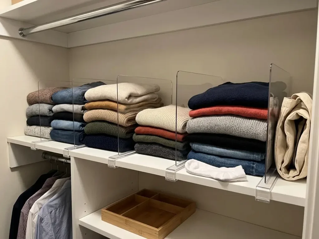 Acrylic shelf dividers keeping folded sweater piles upright on a closet shelf
