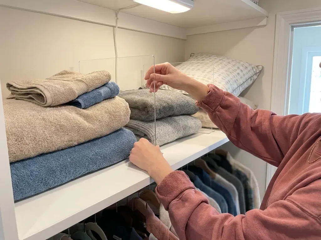 Hands sliding an acrylic shelf divider between stacks of folded linens to stop them toppling