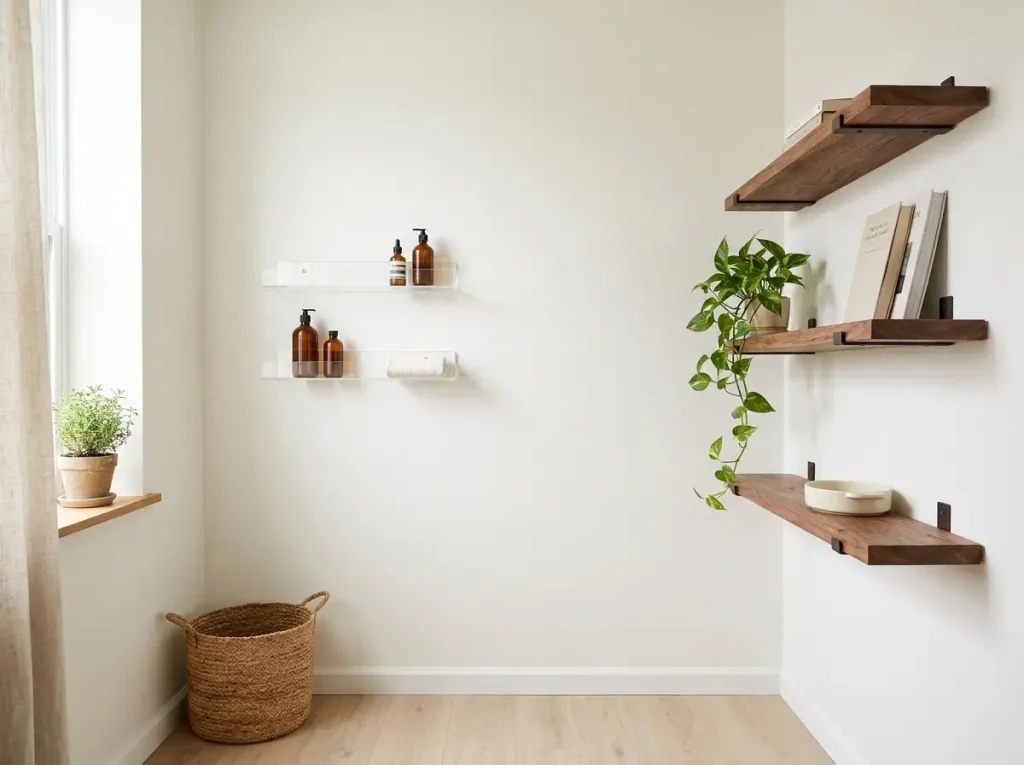 Clear acrylic and rustic wood floating shelves shown side by side on a small bright wall