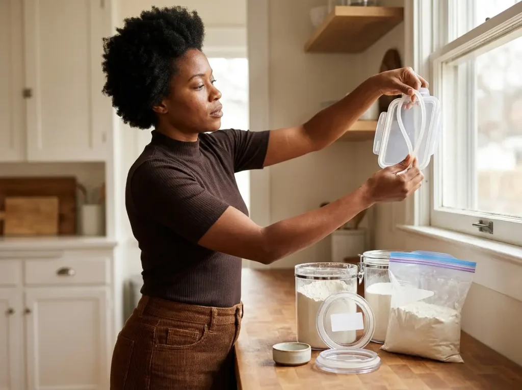 Woman inspecting the silicone gasket of an airtight container lid for wear before resealing dry goods