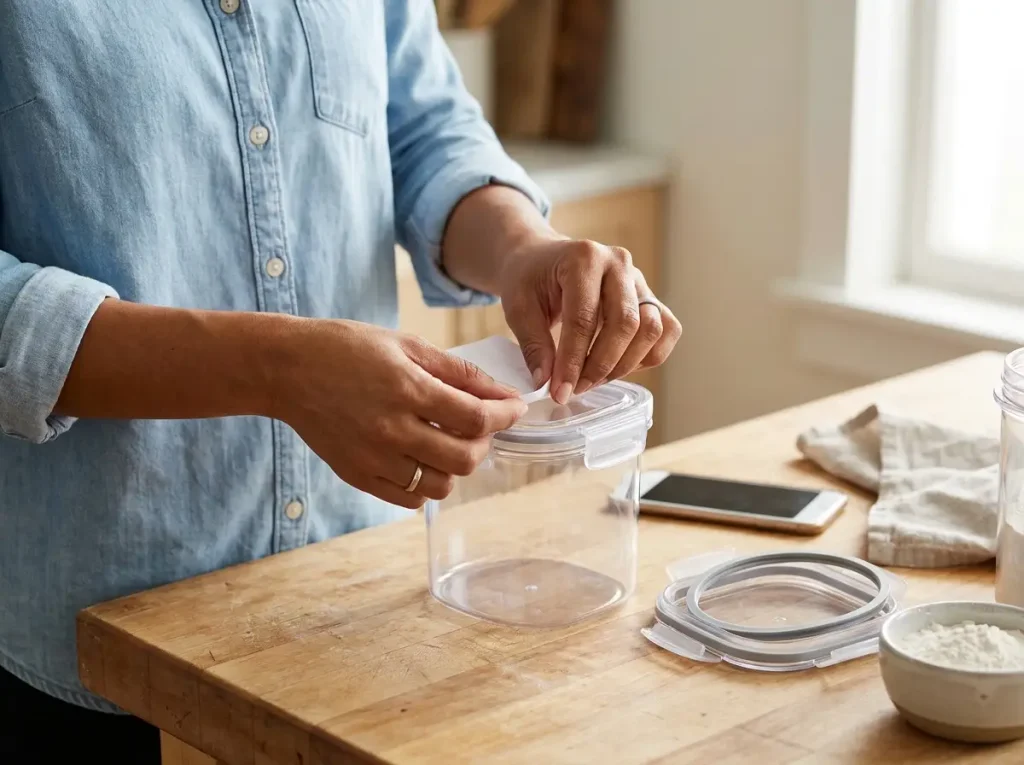 Hand sliding a sheet of paper against a container gasket to test if the airtight seal holds