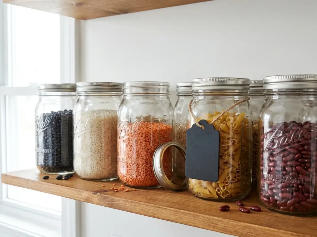 Wide-mouth Ball mason jars sealing dried beans, rice, and pasta on a simple kitchen shelf