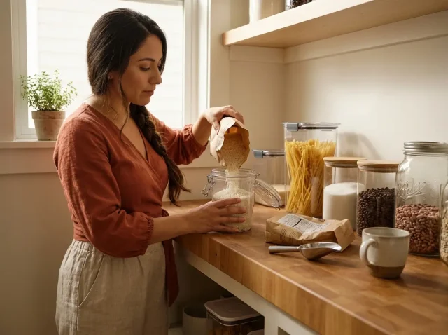 Airtight food storage containers sealing flour, sugar, and pasta on an organized pantry shelf