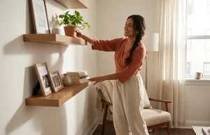 Best Floating Shelves for Small Spaces That Hold Up Woman placing a plant on a narrow wood floating shelf in a small organized living room