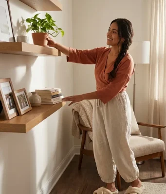 Best Floating Shelves for Small Spaces That Hold Up Woman placing a plant on a narrow wood floating shelf in a small organized living room