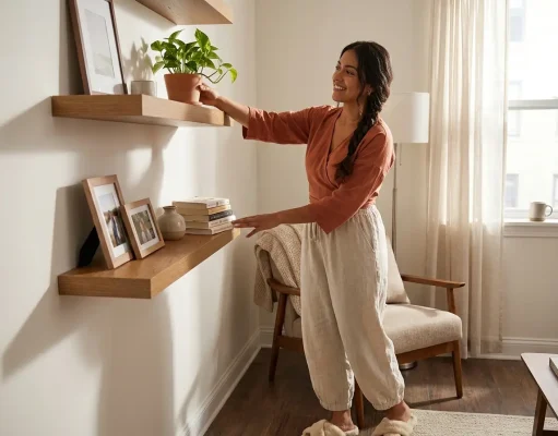 Best Floating Shelves for Small Spaces That Hold Up Woman placing a plant on a narrow wood floating shelf in a small organized living room
