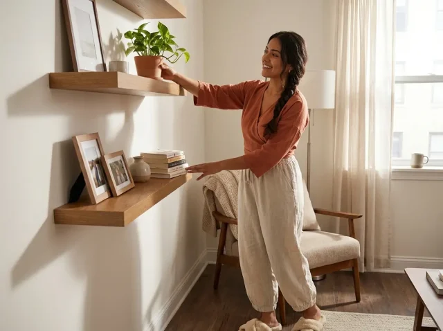 Woman placing a plant on a narrow wood floating shelf in a small organized living room