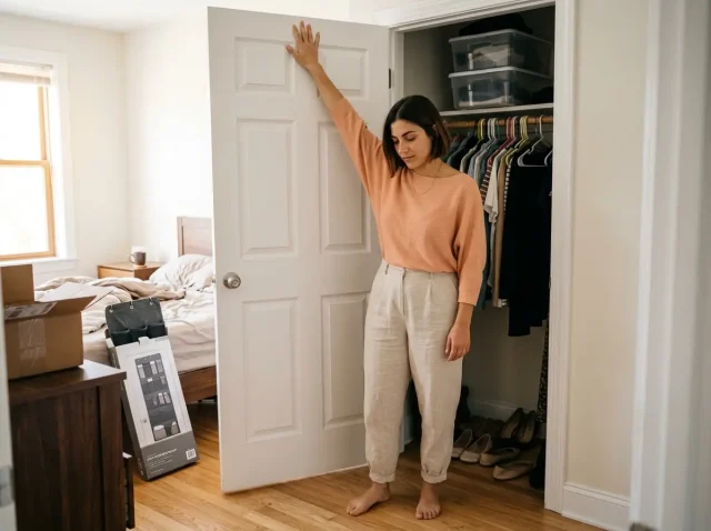 Woman checking the top edge of a bedroom closet door before hanging an over-door organizer