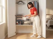 Best Stackable Storage Bins That Actually Stack Woman stacking open-front mDesign bins on a closet shelf, the best stackable storage bins for everyday use