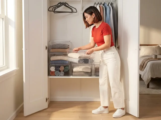 best-stackable-storage-bins-closet-shelf-nested Woman stacking open-front mDesign bins on a closet shelf, the best stackable storage bins for everyday use