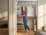 Best Storage Bins for Closets That Fit Real Shelves Organized reach-in closet with clear stackable bins on the eye-level shelf and labeled fabric bins above the rod