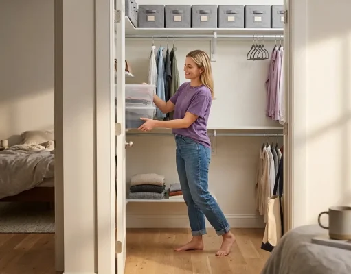 Best Storage Bins for Closets That Fit Real Shelves Organized reach-in closet with clear stackable bins on the eye-level shelf and labeled fabric bins above the rod