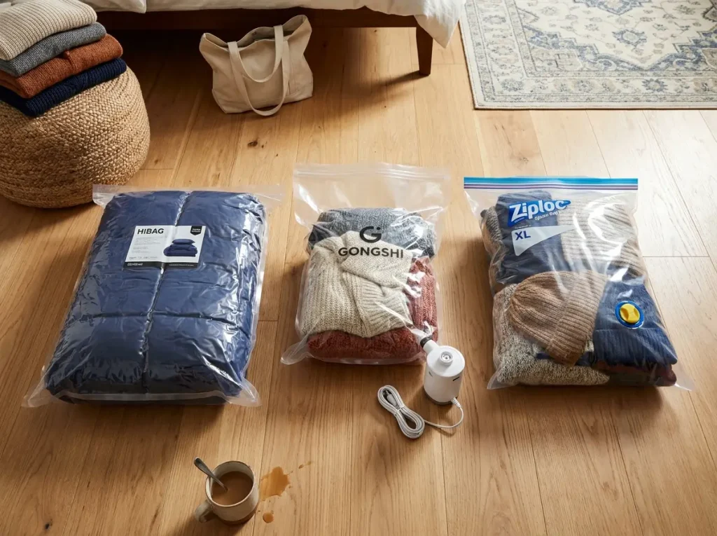 Three vacuum storage bags compressing bedding side by side on a bedroom floor for comparison