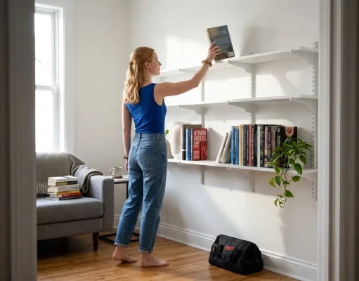 Best Wall-Mounted Shelves That Actually Hold Weight Woman loading books onto a stud-mounted wall shelf in a bright living room