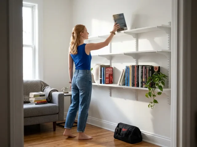Woman loading books onto a stud-mounted wall shelf in a bright living room