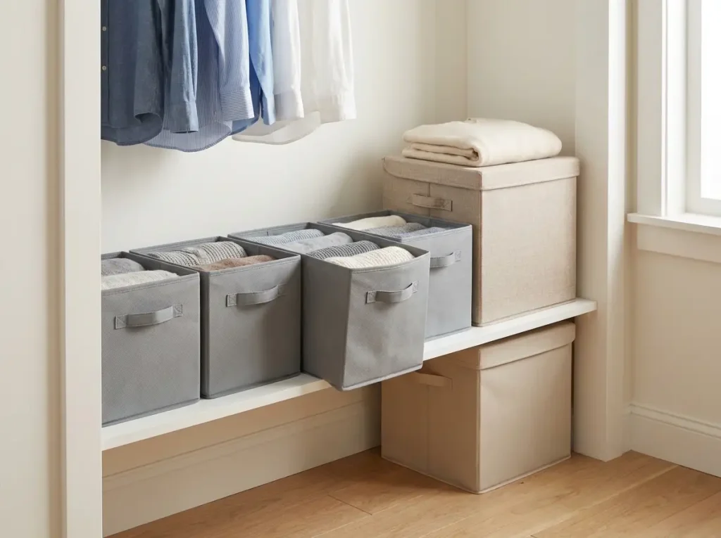 Matching budget fabric storage cubes beside a lidded collapsible fabric bin on a closet shelf