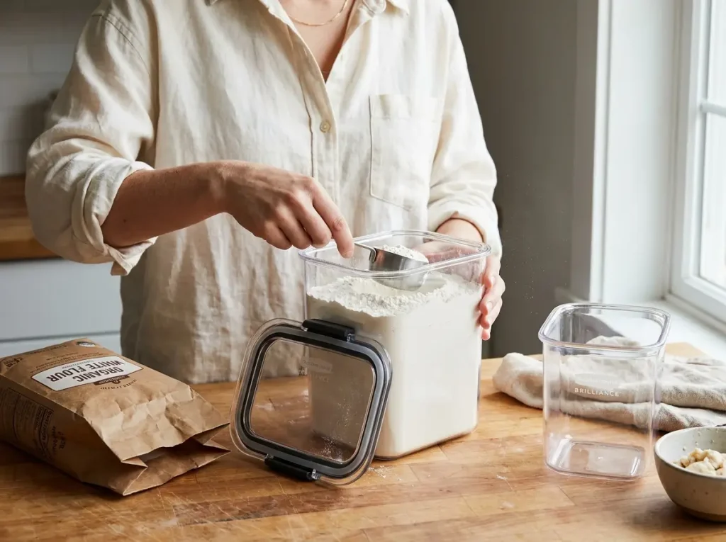 Hand scooping flour from a wide-mouth large airtight canister with an empty flour bag beside it