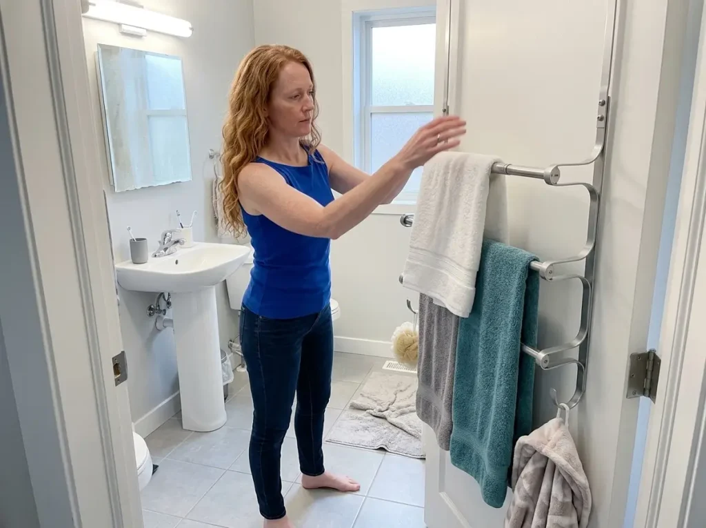 Woman hanging a towel on a CANYAVE over-the-door towel rack on a bathroom door