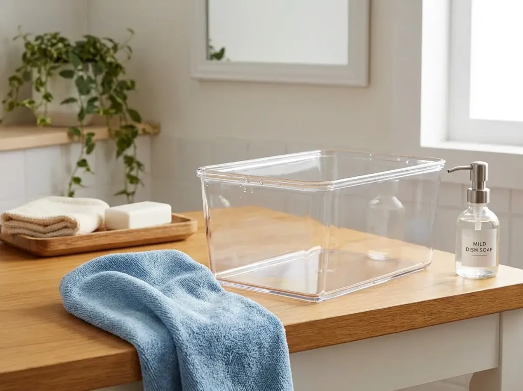 Clear acrylic bin with a folded microfiber cloth and mild dish soap, the only safe way to keep acrylic clear
