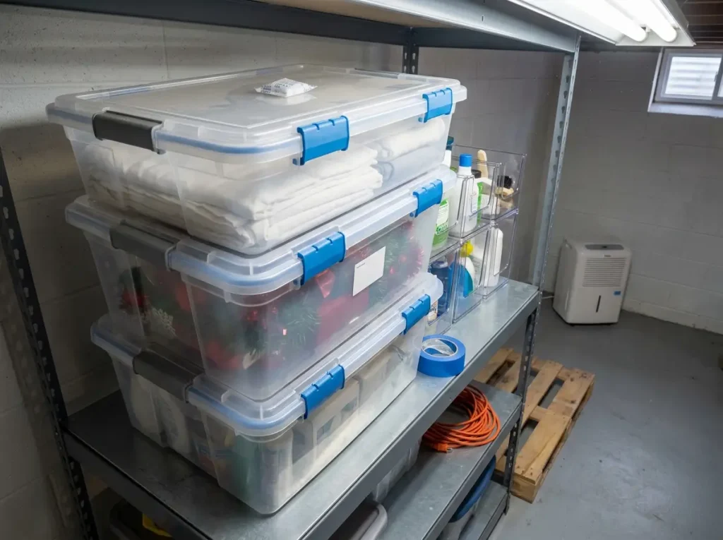 Stacked clear plastic latching storage totes with pull handles on a basement storage shelf