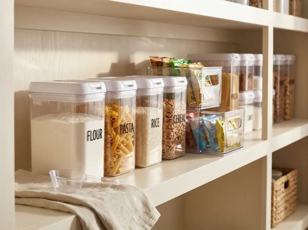 Clear polypropylene pantry containers lined on a shelf showing the cheaper plastic that outlasts acrylic