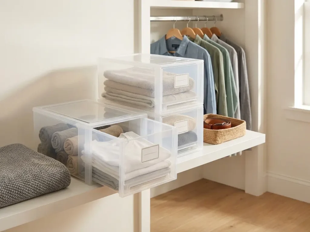Clear stackable storage bins on an eye-level closet shelf with one open-front bin pulled slightly forward