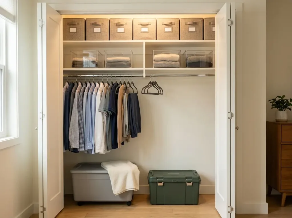 Reach-in closet showing distinct storage zones with different bin types on each shelf and above the rod