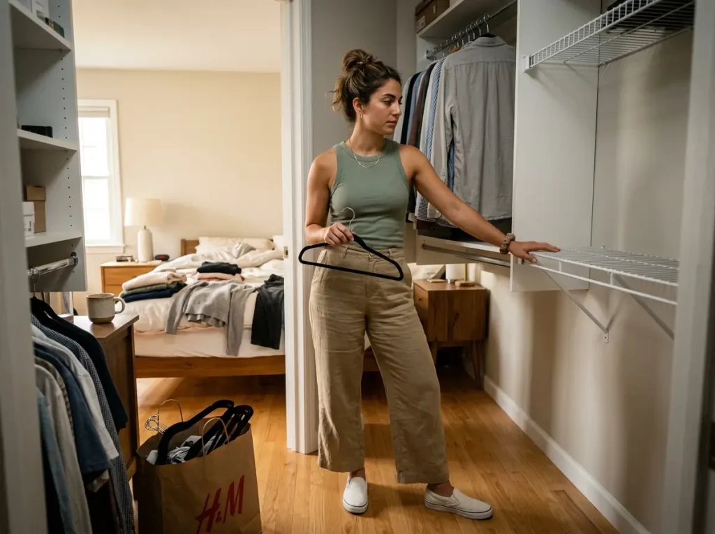 Woman deciding between a closet system and accessories in a small reach-in closet