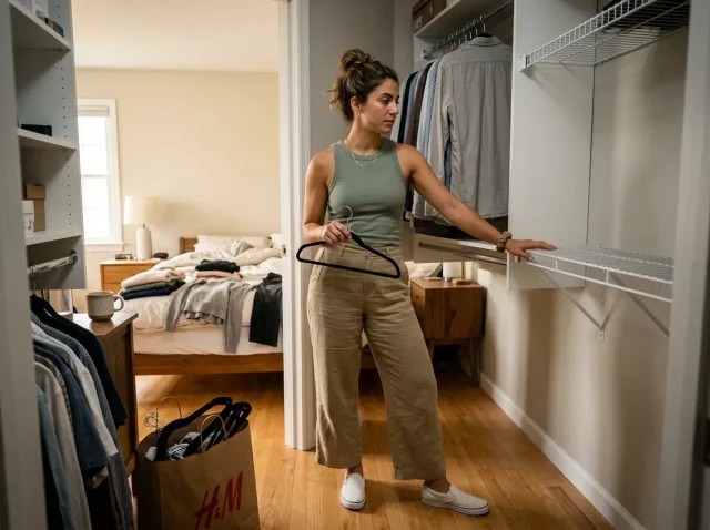 Woman deciding between a closet system and accessories in a small reach-in closet