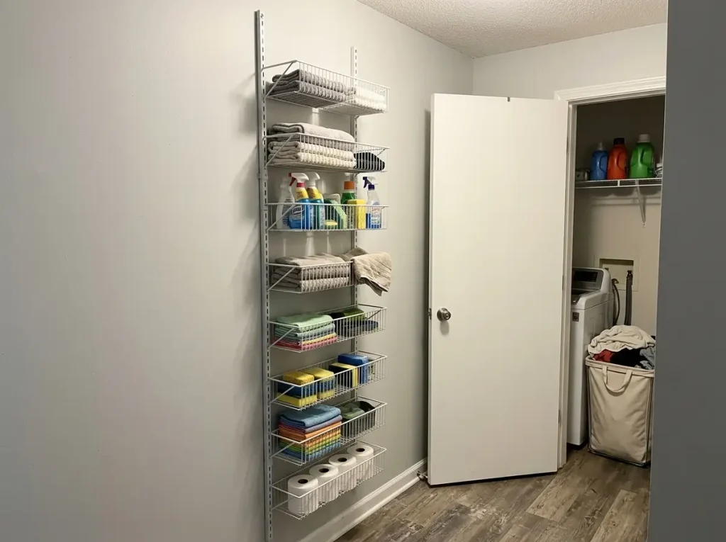 ClosetMaid adjustable 8-basket organizer wall-mounted beside a door instead of hung over it