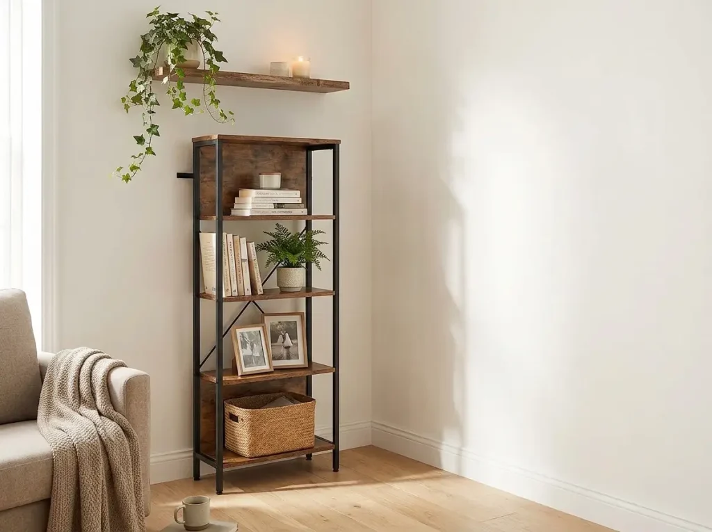Narrow freestanding shelf tower and slim shelves reclaiming dead corner space in a small room