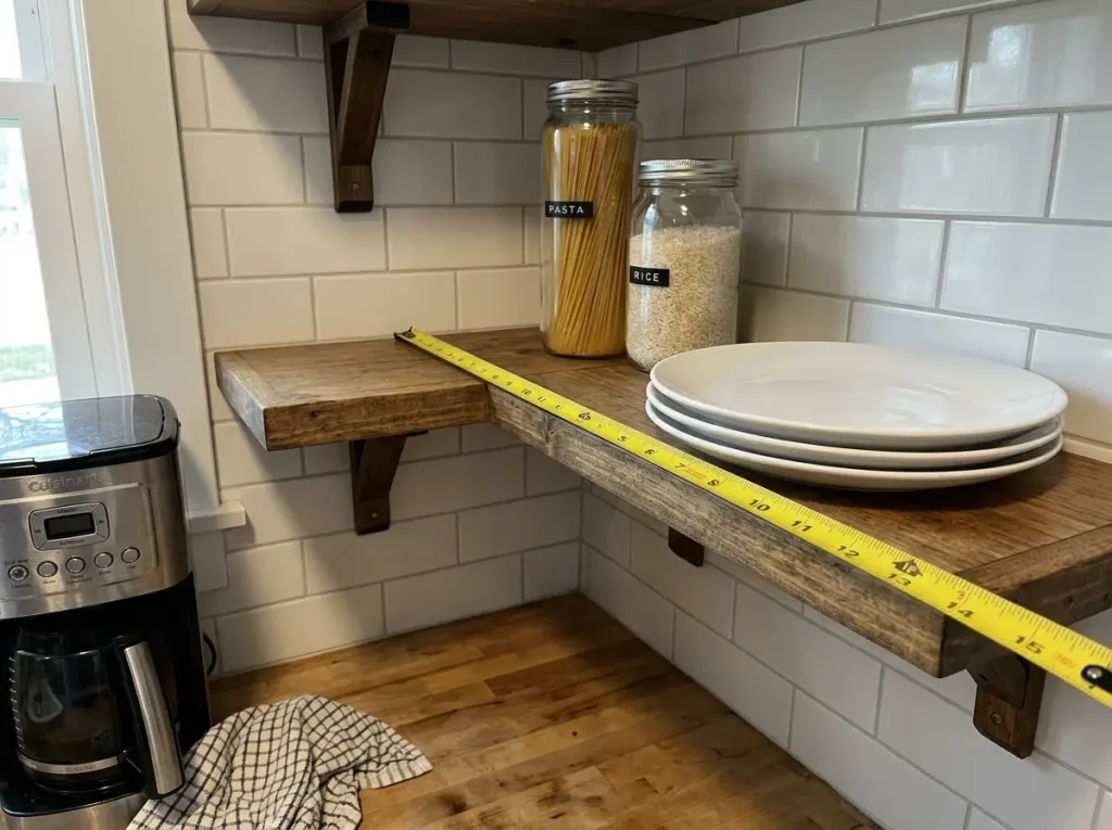 Tape measure showing the depth of a small corner shelf holding kitchen jars