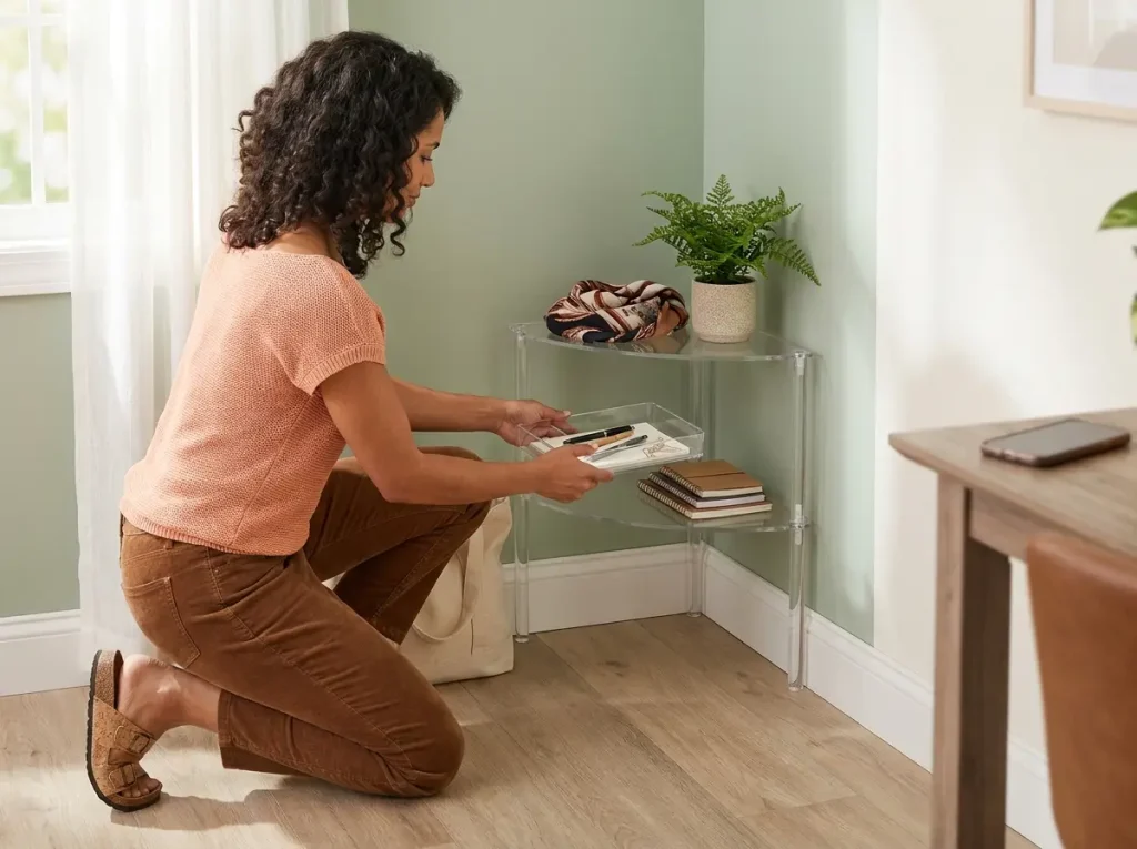 Woman placing items on a freestanding corner shelf to use dead corner space in a small room