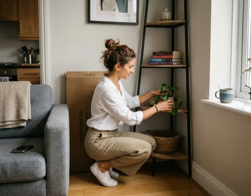 Corner Shelf Ideas for Small Rooms That Won’t Wobble Woman styling a freestanding corner shelf in a small, bright living room corner
