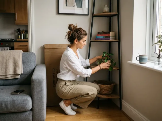 Woman styling a freestanding corner shelf in a small, bright living room corner