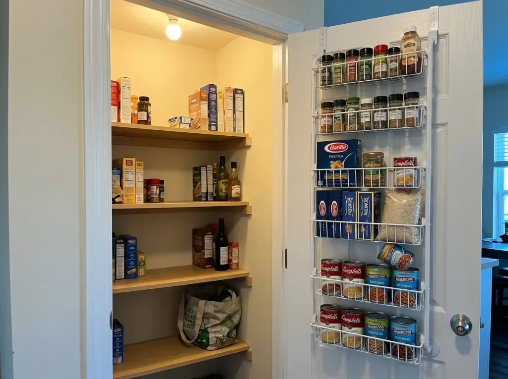Delamu 6-tier over-the-door pantry organizer mounted on a pantry door holding cans and boxes
