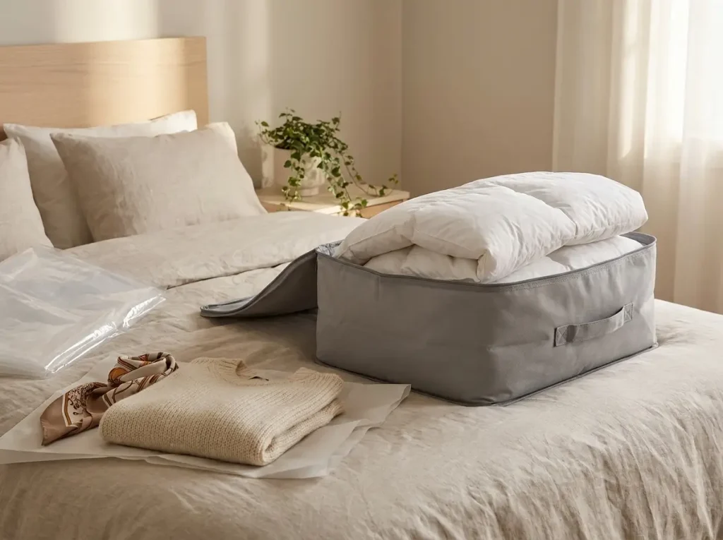 Down comforter stored in a breathable Amazon Basics fabric storage bag instead of a vacuum bag