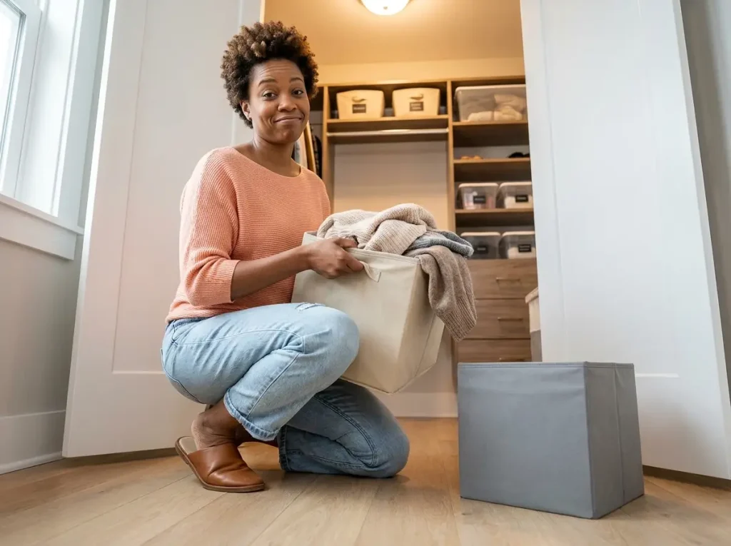 Woman holding a slumped overpacked fabric storage bin that has lost its shape next to a crisp new one