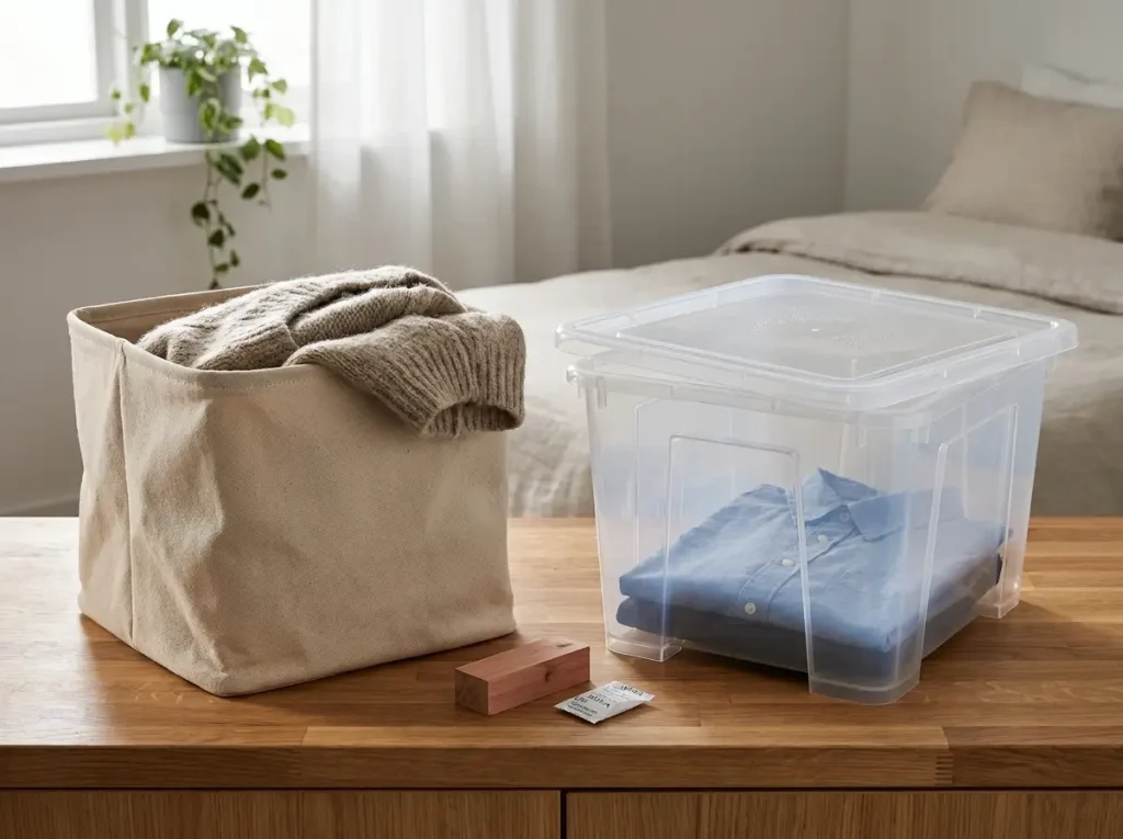 Close comparison of a breathable fabric storage cube next to a sealed clear plastic bin on a wood table