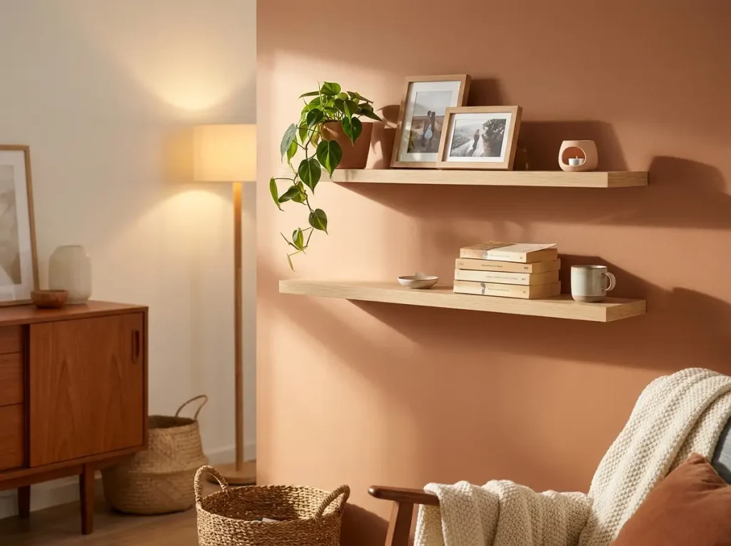No-drill floating wall shelves styled with light display items in a small living room