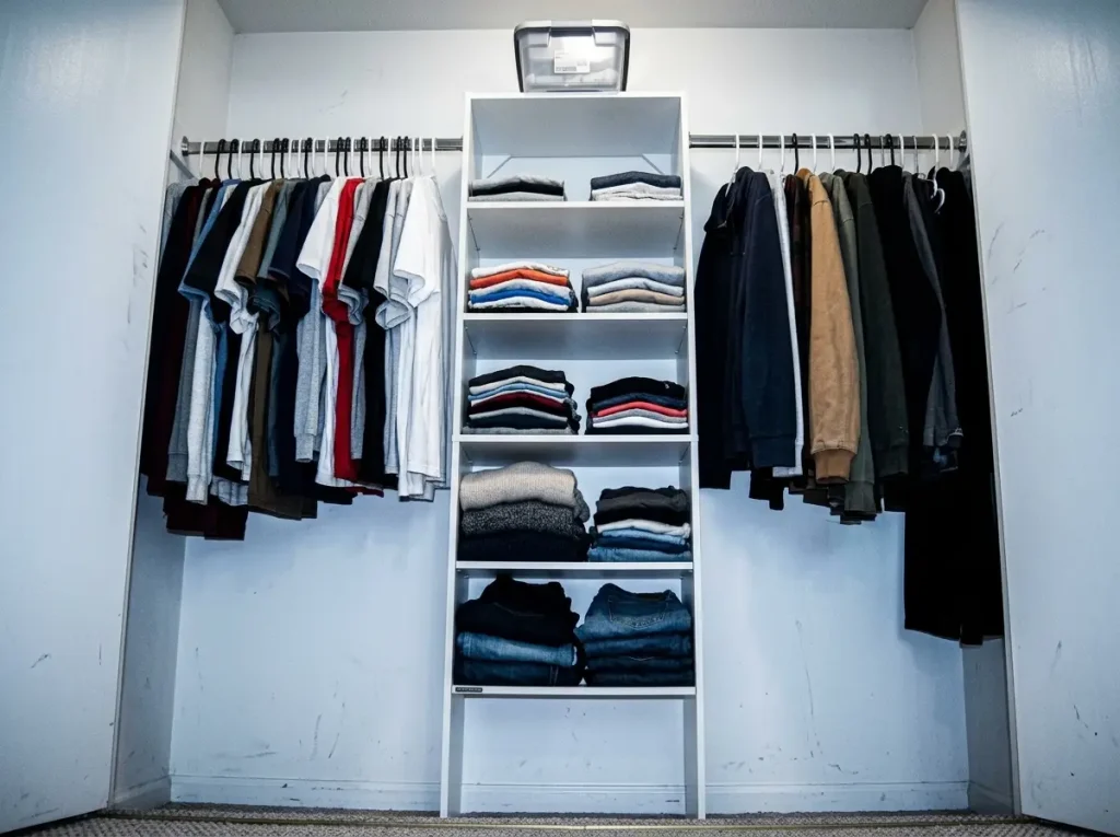 Floor-mounted closet tower with shelves and rods inside a deep reach-in rental closet