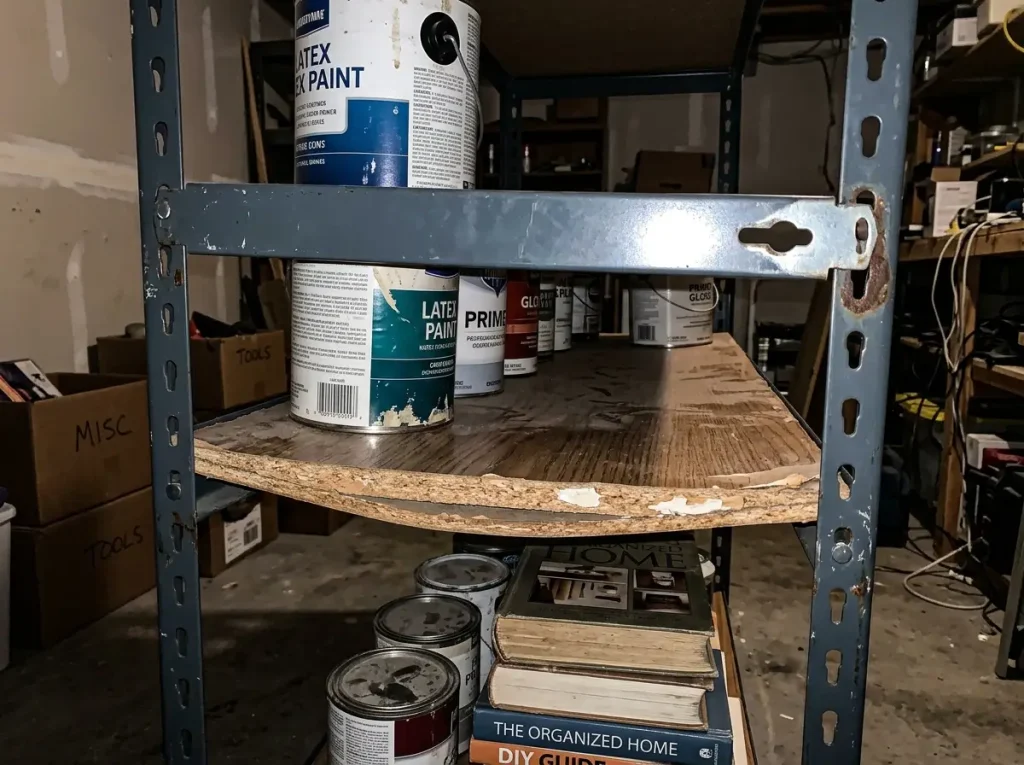 Close-up of a bowed particleboard shelf and a loosened boltless brace on a storage unit