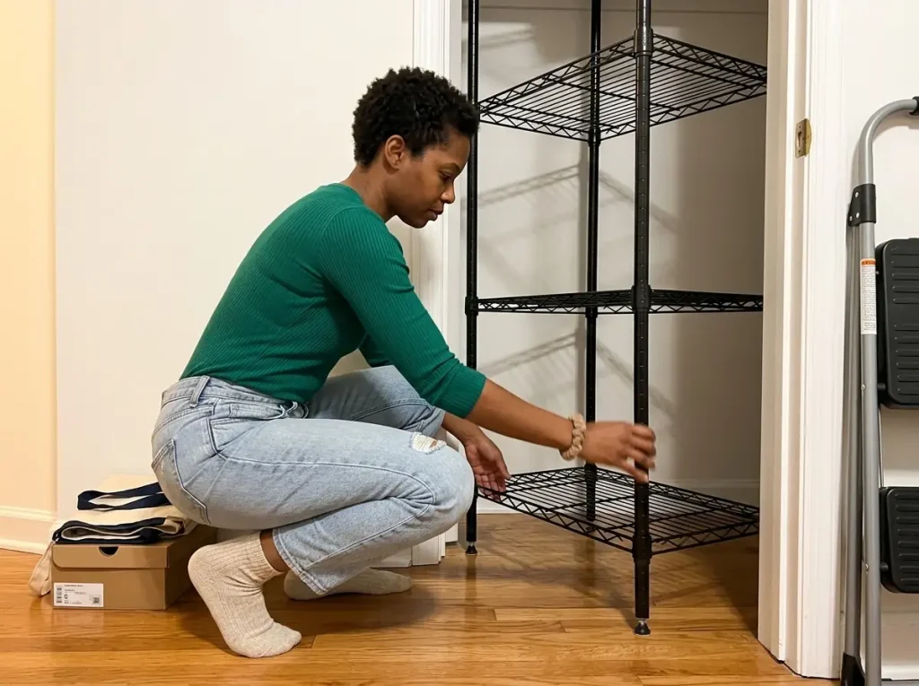 Woman fitting a narrow freestanding wire shelf inside a standard reach-in closet