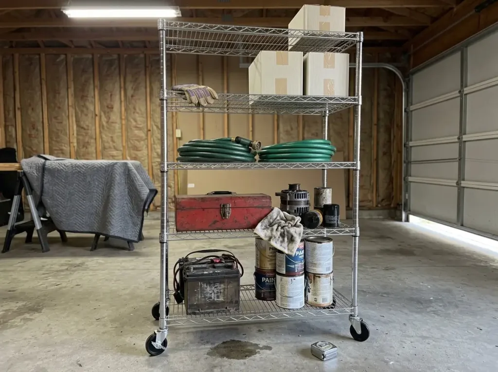 Heavily loaded freestanding steel shelving unit on caster wheels in a garage
