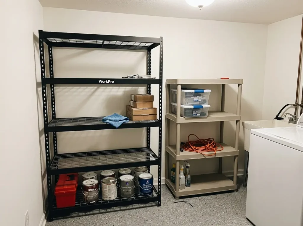Freestanding steel and resin shelving units side by side in a utility corner