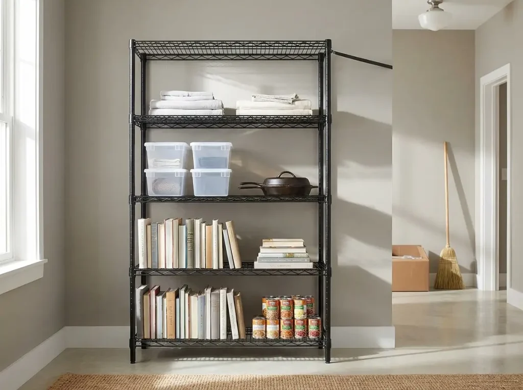 Heavy-duty steel wire freestanding shelving unit loaded with books and bins, anti-tip strap visible